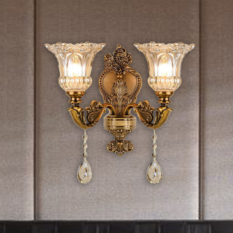 Skørter | Vintage Flower Wall Lamp 1/2 Cups Laid Crystals Prism Wall Lamp Light in Brass