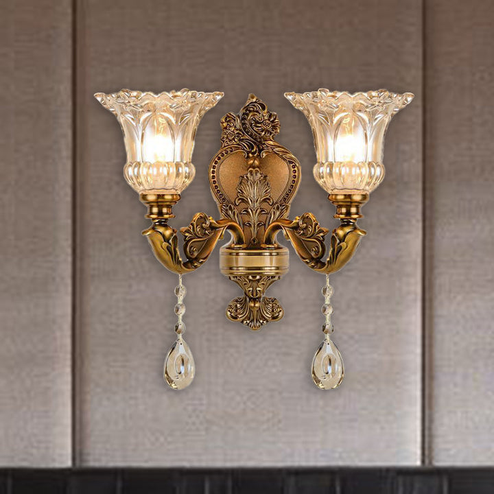 Skørter | Vintage Flower Wall Lamp 1/2 Cups Laid Crystals Prism Wall Lamp Light in Brass