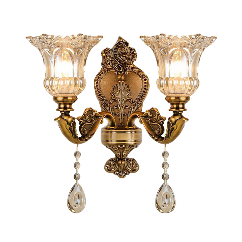 Skørter | Vintage Flower Wall Lamp 1/2 Cups Laid Crystals Prism Wall Lamp Light in Brass