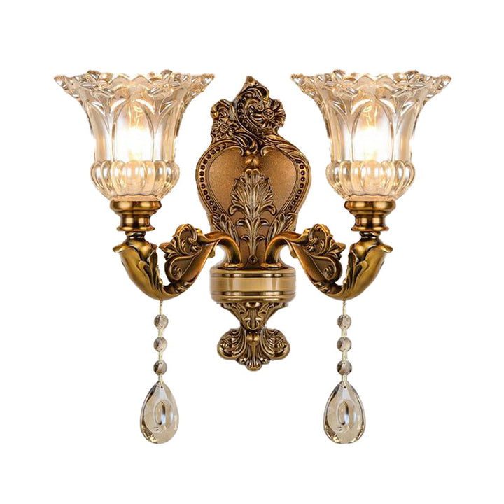 Skørter | Vintage Flower Wall Lamp 1/2 Cups Laid Crystals Prism Wall Lamp Light in Brass