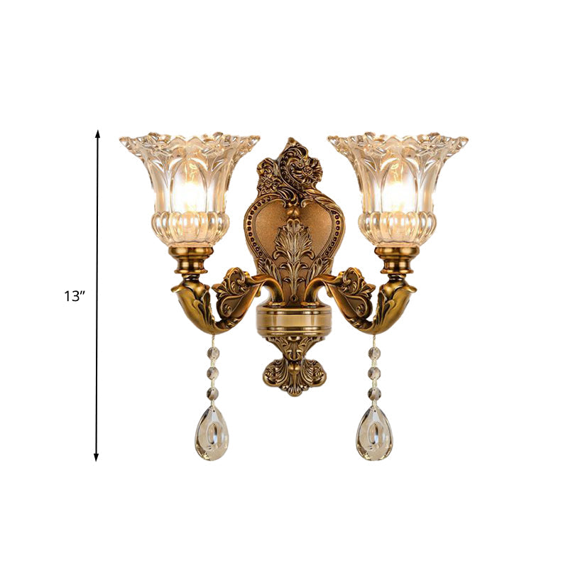 Skørter | Vintage Flower Wall Lamp 1/2 Cups Laid Crystals Prism Wall Lamp Light in Brass