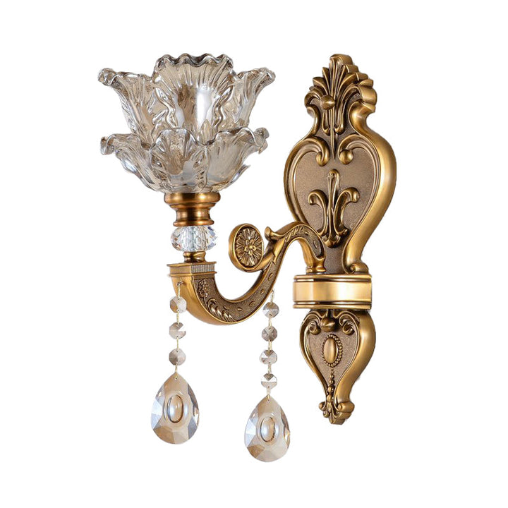 Skørter | 1/2 Bulbs Wall Light Sconces Traditional Living Room Wall Lighting with Floral Water Glass Shade in Brass
