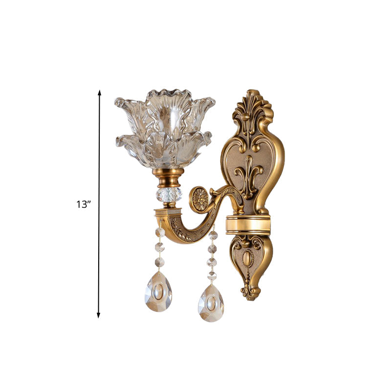 Skørter | 1/2 Bulbs Wall Light Sconces Traditional Living Room Wall Lighting with Floral Water Glass Shade in Brass