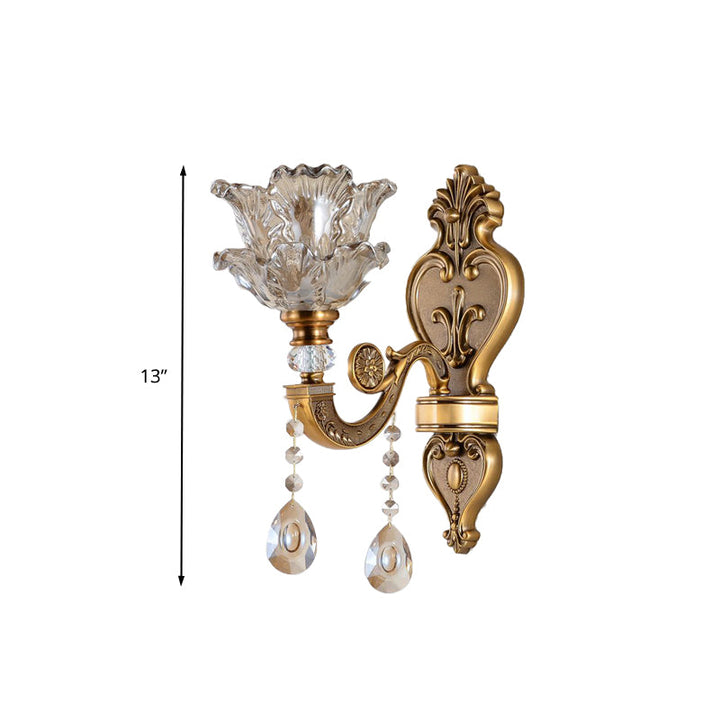 Skørter | 1/2 Bulbs Wall Light Sconces Traditional Living Room Wall Lighting with Floral Water Glass Shade in Brass