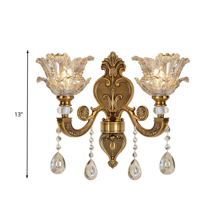 Skørter | 1/2 Bulbs Wall Light Sconces Traditional Living Room Wall Lighting with Floral Water Glass Shade in Brass