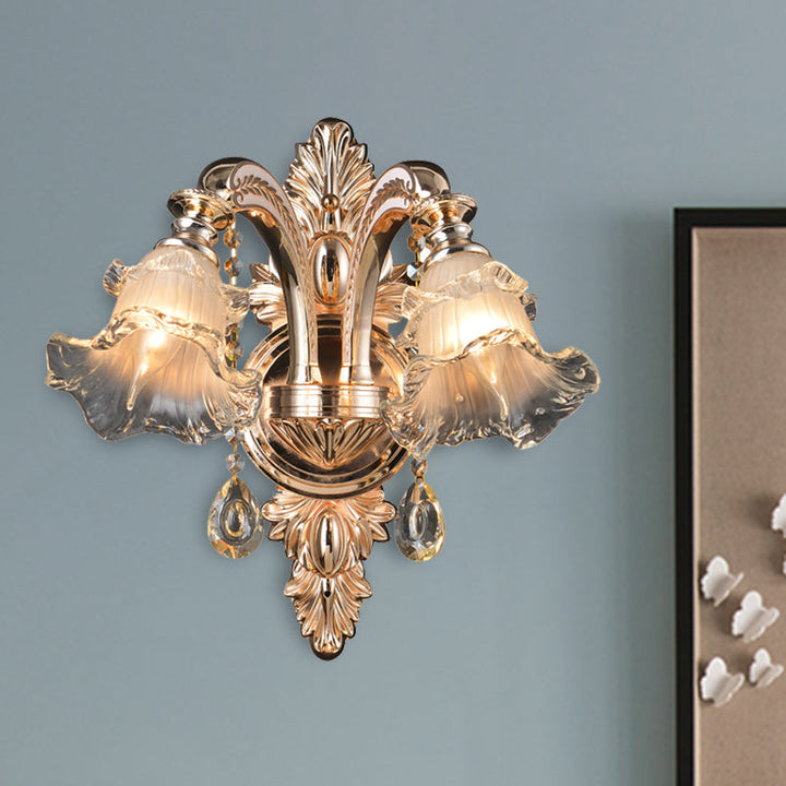 Skørter | 1/2 Light Crystal Wall Lamp Traditionalist Golden Flower Living Room Wall Mounted Light