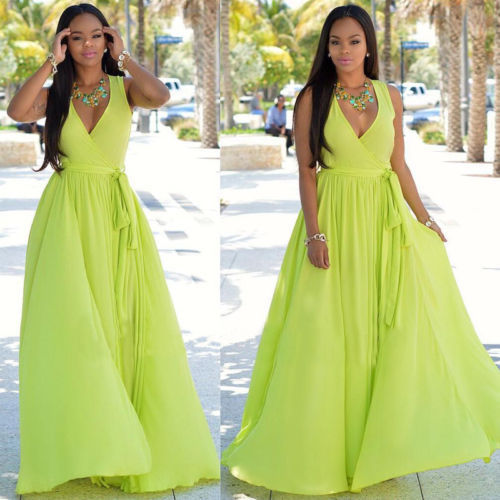 Women's maxi dress with deep V-neck and side slit