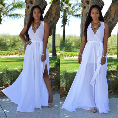 Women's maxi dress with deep V-neck and side slit