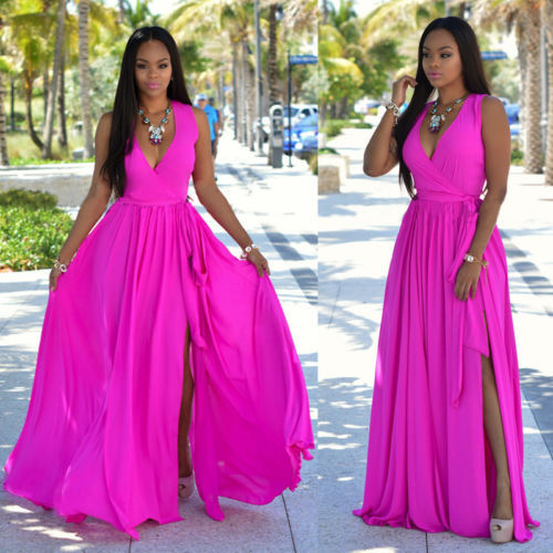 Women's maxi dress with deep V-neck and side slit