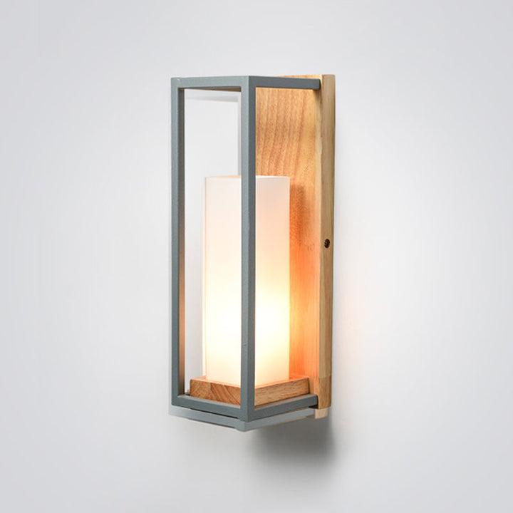 Skørter | Gray Tubular Wall Lamp Asian 1 Bulb White Glass Wall Mounted Lighting with Wooden Rectangular Back Plate