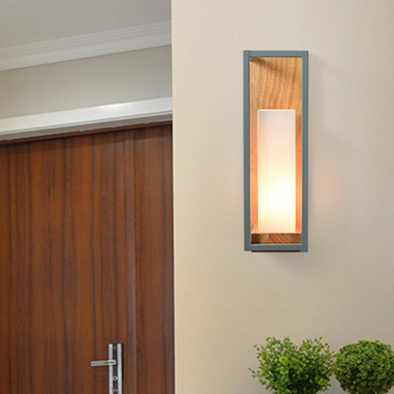Skørter | Gray Tubular Wall Lamp Asian 1 Bulb White Glass Wall Mounted Lighting with Wooden Rectangular Back Plate