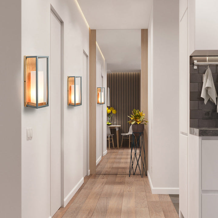 Skørter | Gray Tubular Wall Lamp Asian 1 Bulb White Glass Wall Mounted Lighting with Wooden Rectangular Back Plate