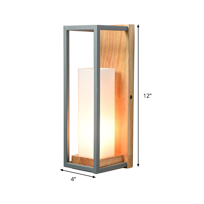 Skørter | Gray Tubular Wall Lamp Asian 1 Bulb White Glass Wall Mounted Lighting with Wooden Rectangular Back Plate