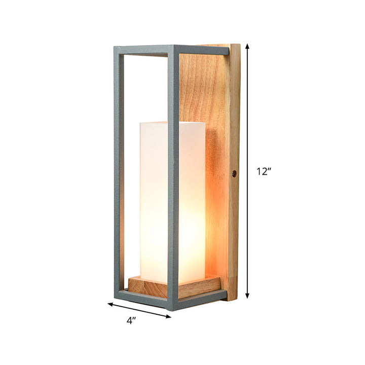 Skørter | Gray Tubular Wall Lamp Asian 1 Bulb White Glass Wall Mounted Lighting with Wooden Rectangular Back Plate