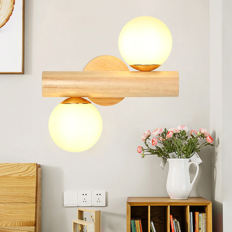 Skørter | Wall Lamp Tube Japanese Wood 2 Heads Beige Wall Light with Milk Glass Shade