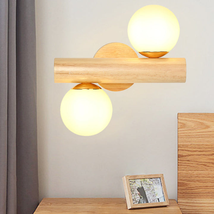 Skørter | Wall Lamp Tube Japanese Wood 2 Heads Beige Wall Light with Milk Glass Shade