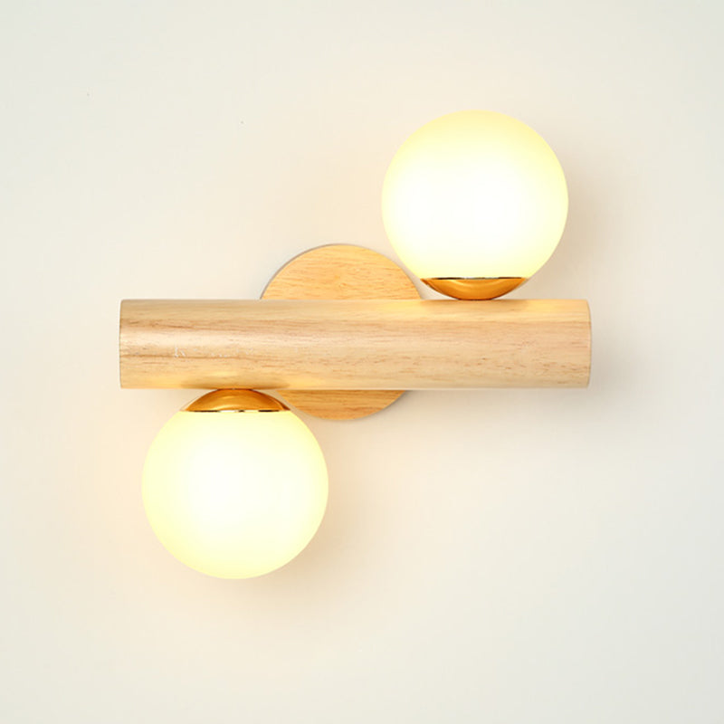Skørter | Wall Lamp Tube Japanese Wood 2 Heads Beige Wall Light with Milk Glass Shade