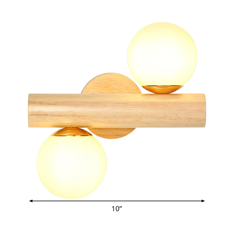 Skørter | Wall Lamp Tube Japanese Wood 2 Heads Beige Wall Light with Milk Glass Shade