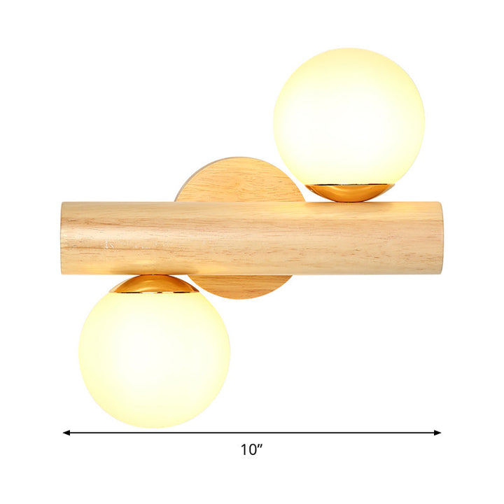Skørter | Wall Lamp Tube Japanese Wood 2 Heads Beige Wall Light with Milk Glass Shade
