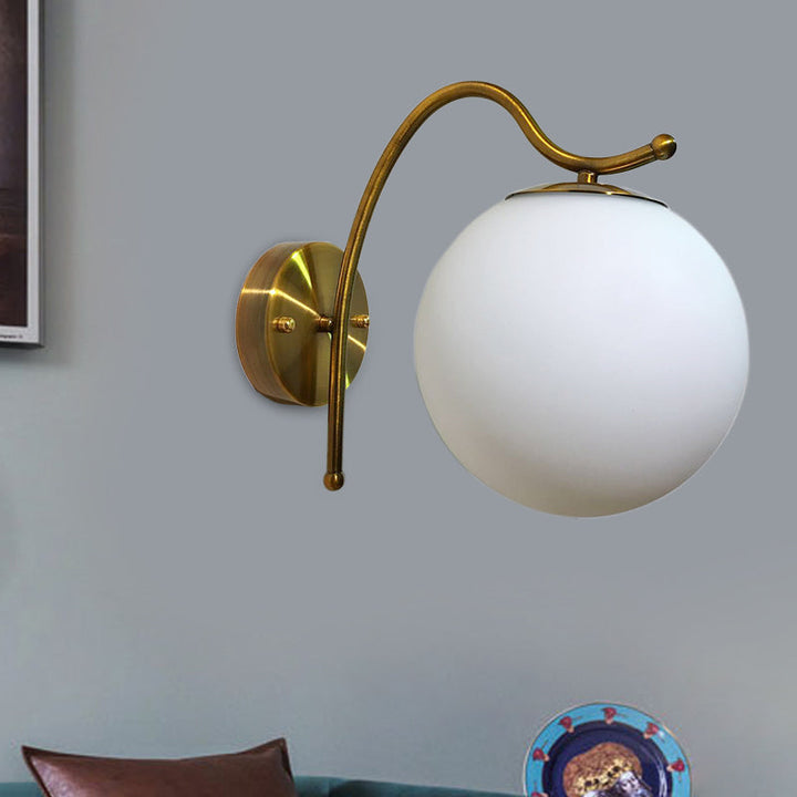 Lisslune | Ball Wall Lamp Modern White Glass 1 Head Gold Wall Light with Metal Curved Arm