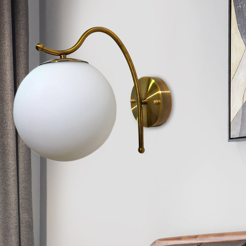 Lisslune | Ball Wall Lamp Modern White Glass 1 Head Gold Wall Light with Metal Curved Arm