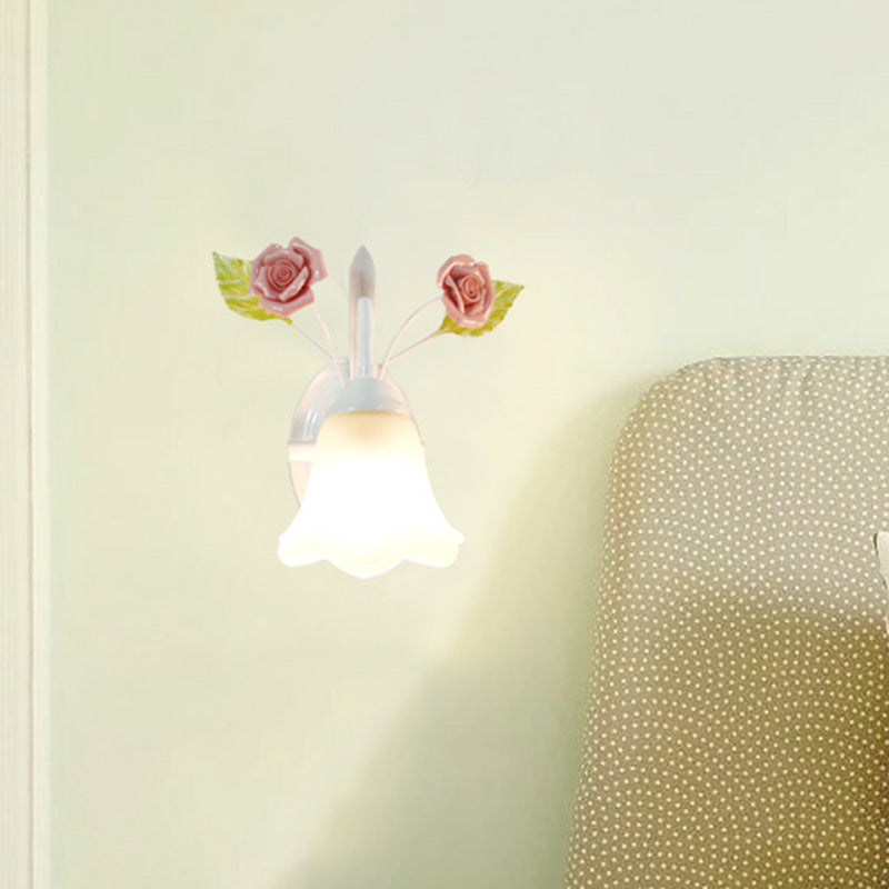 Skørter | Ivory Glass Flower Wall Lamp Country 1 Main Living Room Wall Lighting Fixture in White/Pink/Blue