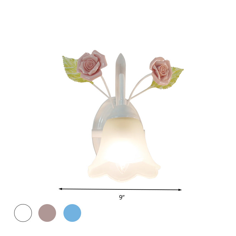 Skørter | Ivory Glass Flower Wall Lamp Country 1 Main Living Room Wall Lighting Fixture in White/Pink/Blue