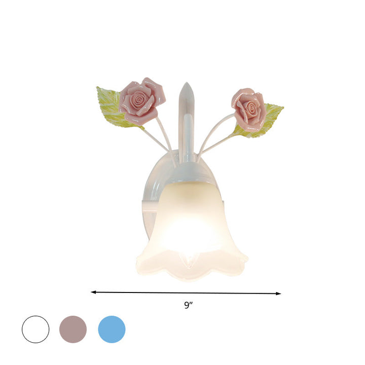 Skørter | Ivory Glass Flower Wall Lamp Country 1 Main Living Room Wall Lighting Fixture in White/Pink/Blue