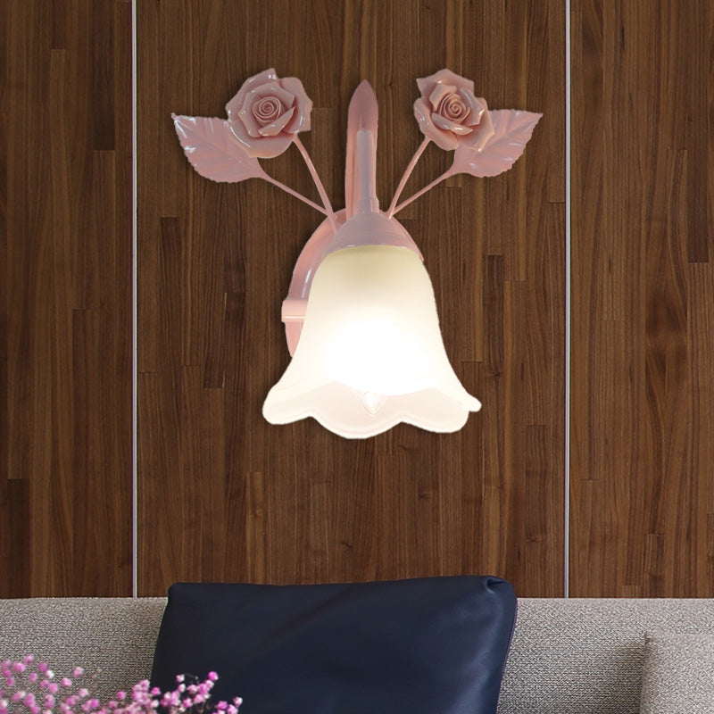 Skørter | Ivory Glass Flower Wall Lamp Country 1 Main Living Room Wall Lighting Fixture in White/Pink/Blue
