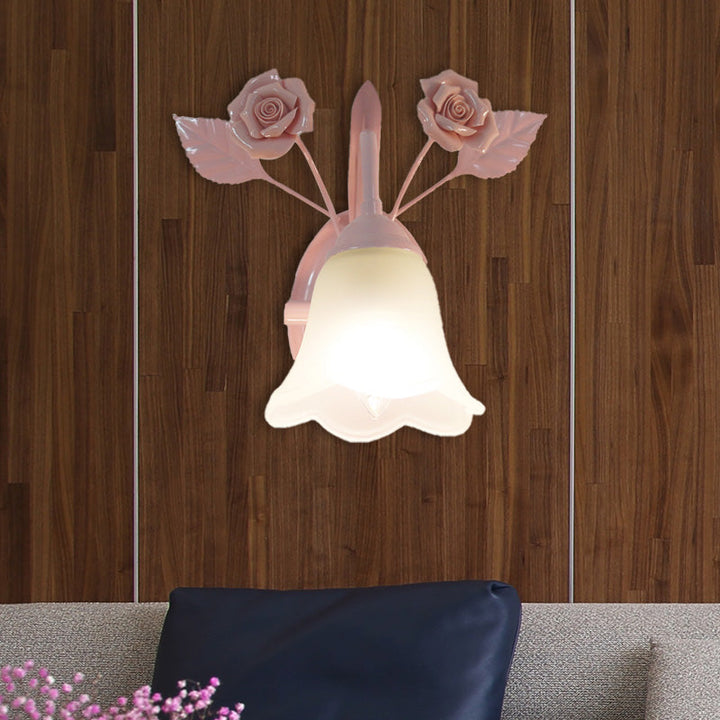 Skørter | Ivory Glass Flower Wall Lamp Country 1 Main Living Room Wall Lighting Fixture in White/Pink/Blue
