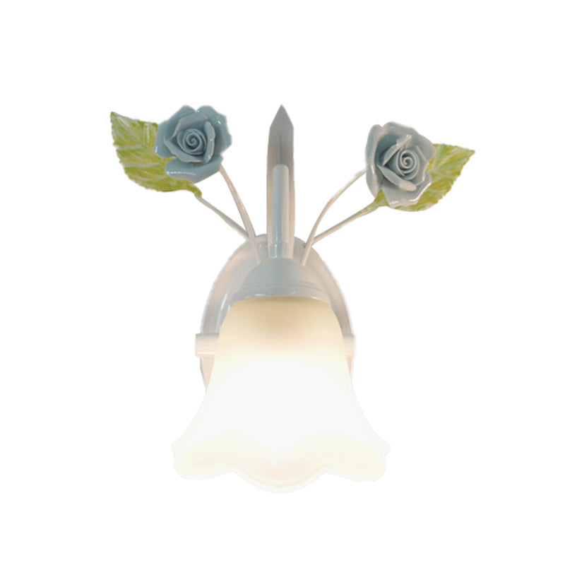 Skørter | Ivory Glass Flower Wall Lamp Country 1 Main Living Room Wall Lighting Fixture in White/Pink/Blue