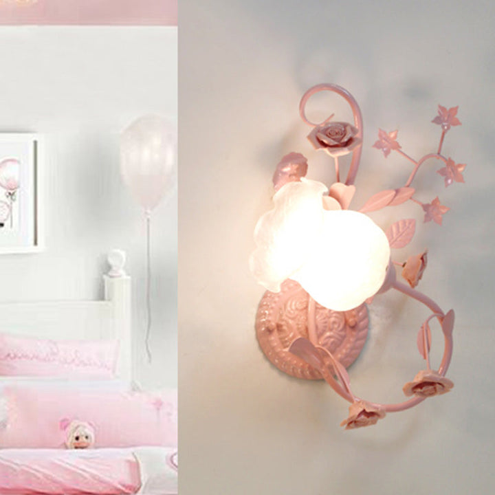 Skørter | Cream Glass Flower Wall-Mounted Lamp Country Style 1 Head Living Room Wall Light Fixture in White/Pink, Left/Right