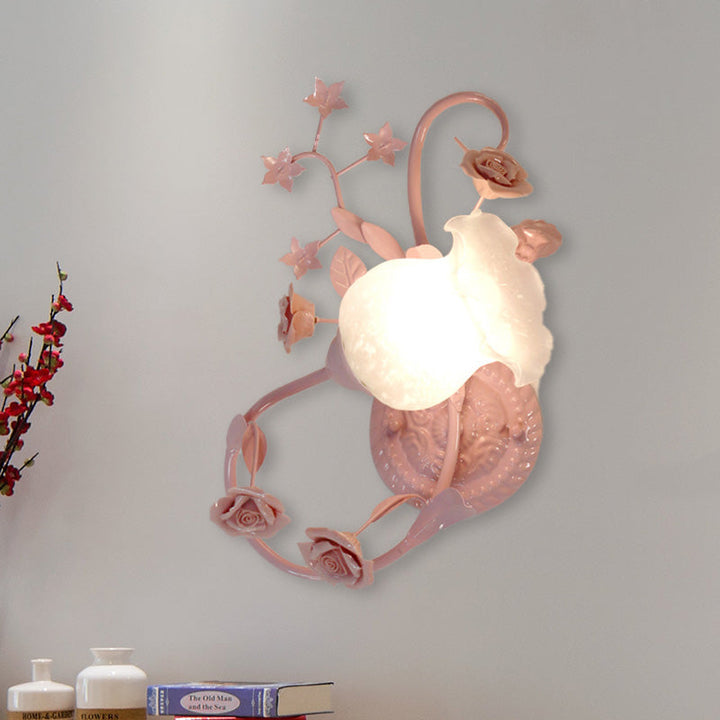 Skørter | Cream Glass Flower Wall-Mounted Lamp Country Style 1 Head Living Room Wall Light Fixture in White/Pink, Left/Right