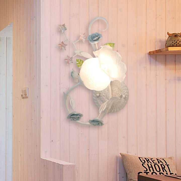 Skørter | Cream Glass Flower Wall-Mounted Lamp Country Style 1 Head Living Room Wall Light Fixture in White/Pink, Left/Right