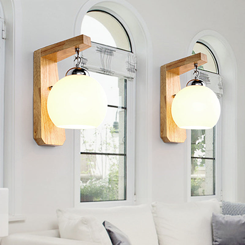 Skørter | Wooden Arm Wall Lamp Asian 1 Head Beige Wall Lighting Device with Round White Glass Shade