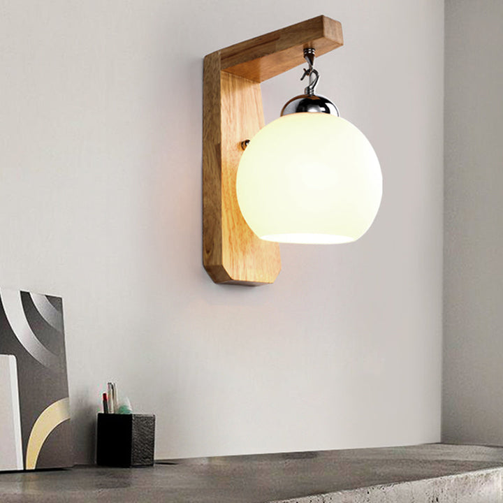 Skørter | Wooden Arm Wall Lamp Asian 1 Head Beige Wall Lighting Device with Round White Glass Shade