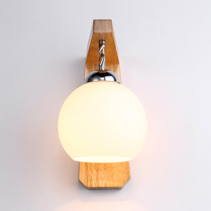 Skørter | Wooden Arm Wall Lamp Asian 1 Head Beige Wall Lighting Device with Round White Glass Shade