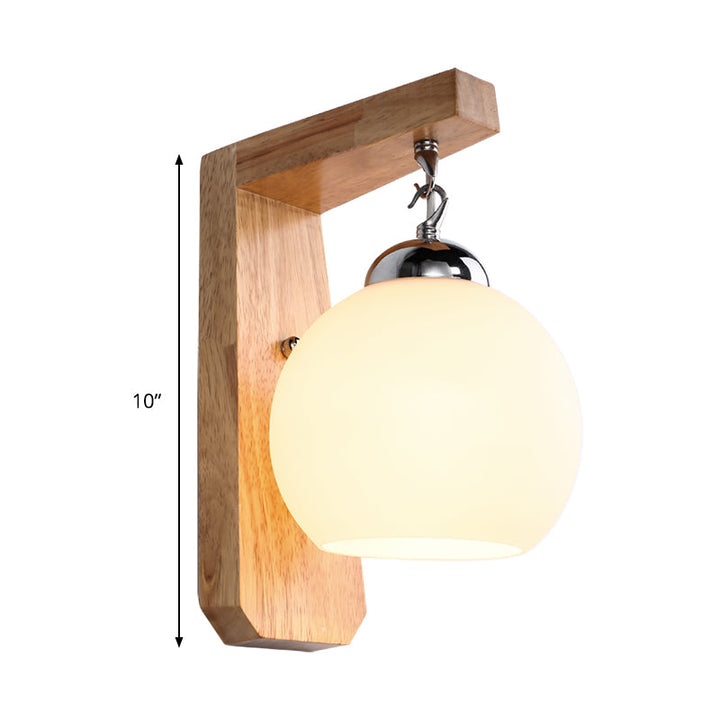 Skørter | Wooden Arm Wall Lamp Asian 1 Head Beige Wall Lighting Device with Round White Glass Shade