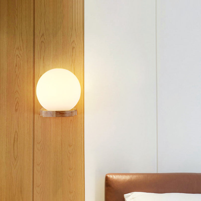 Skørter | Modernism 1 Light Bulb Wall Lighting Wooden Spherical Wall Lamp with Milk Glass Shade