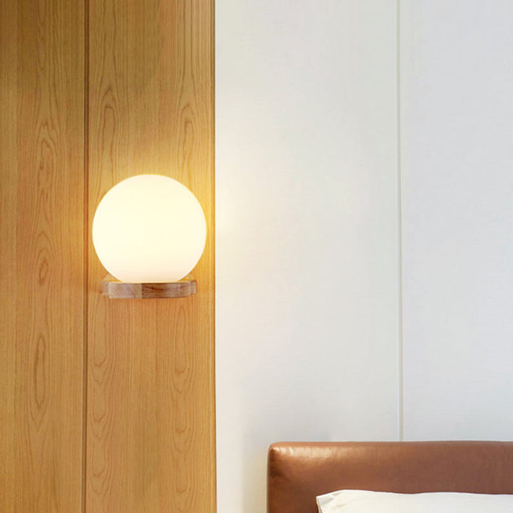 Skørter | Modernism 1 Light Bulb Wall Lighting Wooden Spherical Wall Lamp with Milk Glass Shade