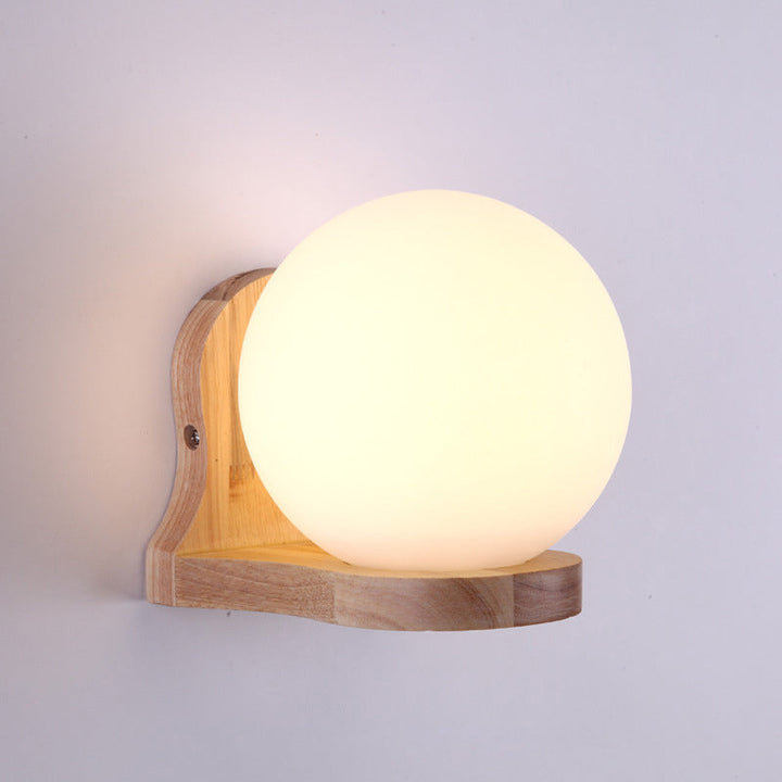 Skørter | Modernism 1 Light Bulb Wall Lighting Wooden Spherical Wall Lamp with Milk Glass Shade