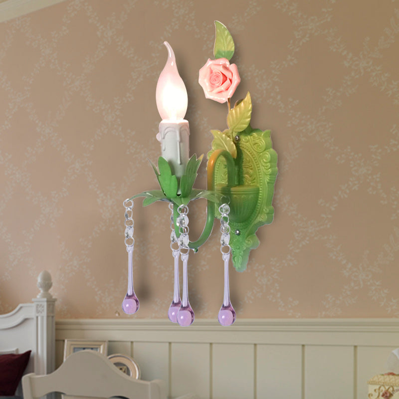Skørter | 1 Bulb Wall Light Traditional Candle Holder Faceted Crystal Wall Lamp in White/Green for the Living Room