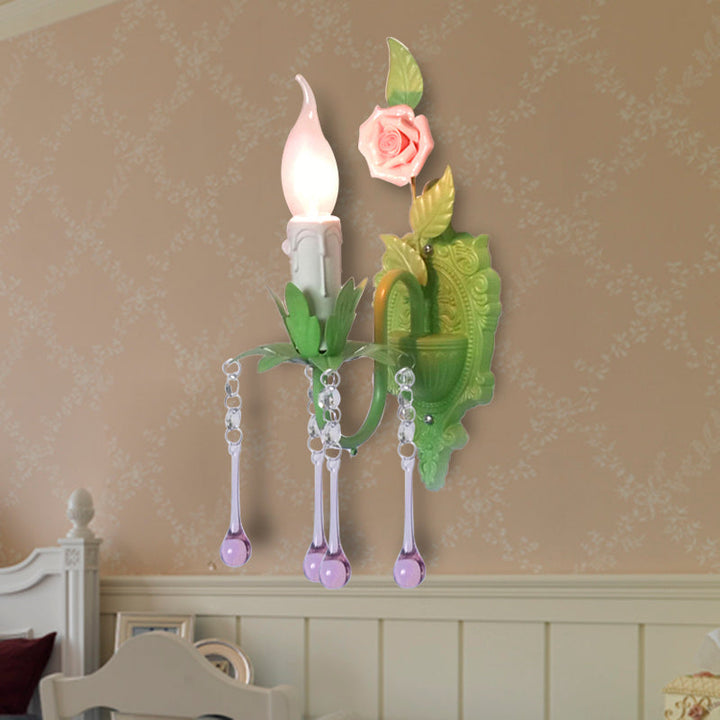 Skørter | 1 Bulb Wall Light Traditional Candle Holder Faceted Crystal Wall Lamp in White/Green for the Living Room