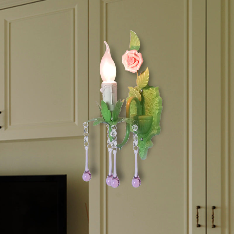 Skørter | 1 Bulb Wall Light Traditional Candle Holder Faceted Crystal Wall Lamp in White/Green for the Living Room