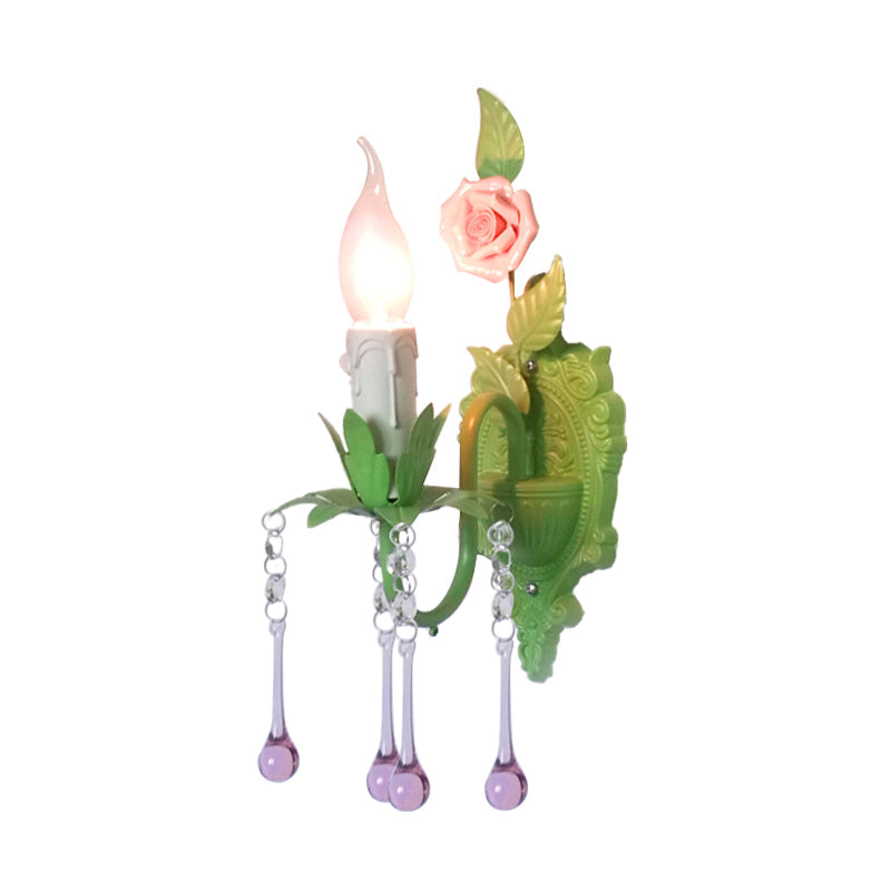 Skørter | 1 Bulb Wall Light Traditional Candle Holder Faceted Crystal Wall Lamp in White/Green for the Living Room