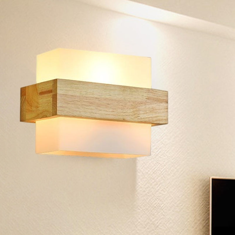 Skørter | Wood Rectangle Wall Lamp Modernist 1 Head Beige Wall Light with White Glass Shade