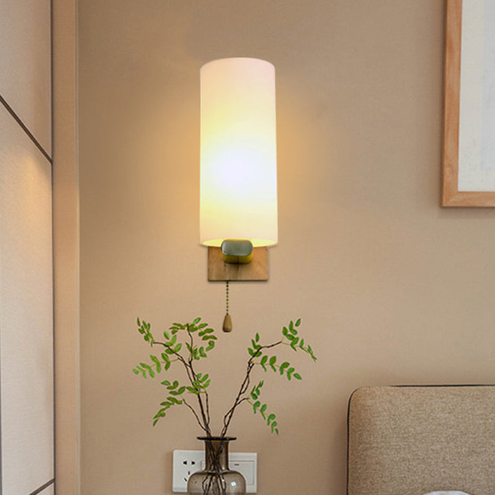 Skørter | White glass cylinder wall lamp modern 1-bulb wall-mounted lighting with rectangular wood back plate