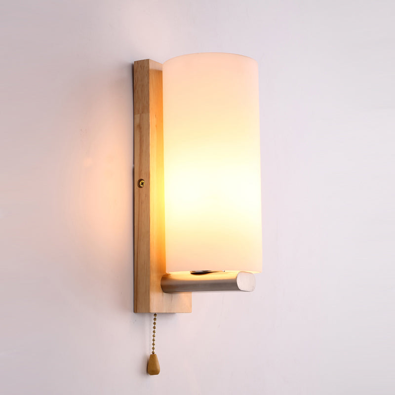 Skørter | White glass cylinder wall lamp modern 1-bulb wall-mounted lighting with rectangular wood back plate