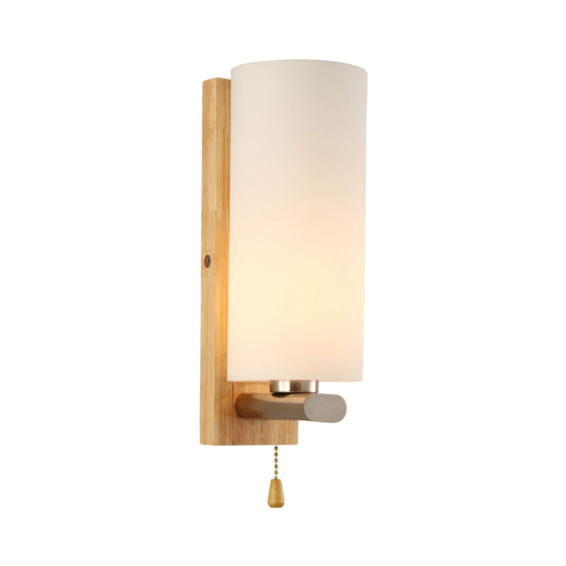 Skørter | White glass cylinder wall lamp modern 1-bulb wall-mounted lighting with rectangular wood back plate