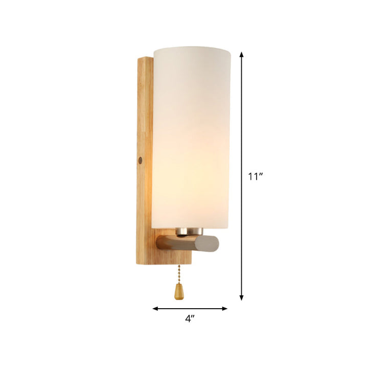 Skørter | White glass cylinder wall lamp modern 1-bulb wall-mounted lighting with rectangular wood back plate